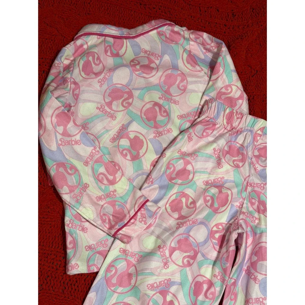 Barbie Girls Pink Logo Silhouette Pajama Set Button Down Pants 2pc NWT Size 4T